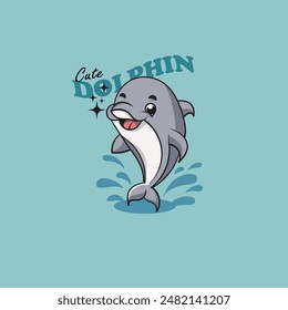 Vector illustration cute cartoon dolphin jumping out of the sea.