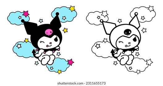Vector illustration Cute cartoon doodle kawaii kitty flying in the clouds for Coloring book children  drawing pages cover  screen printing shirts  printable clothing materials  Presentation   decks