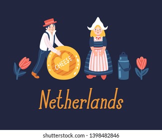 Vector illustration of cute cartoon Dutch people in tradirional costume, cheese, milk, tulips and text "Netherlands".