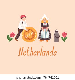 Vector illustration of cute cartoon Dutch people in tradirional costume, cheese, milk, tulips and text "Netherlands".