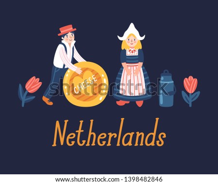 Vector illustration of cute cartoon Dutch people in tradirional costume, cheese, milk, tulips and text "Netherlands".