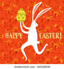Vector illustration with cute cartoon Easter rabbit on floral background 