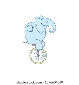 Vector illustration of cute cartoon elephant clown on unicycle. Cheerful character