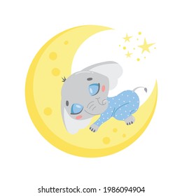 Vector illustration of a cute cartoon elephant sleeping on the moon. Baby animals are sleeping.