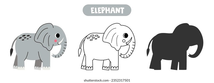 Vector illustration of cute cartoon elephant. Coloring page. Vector silhouette.