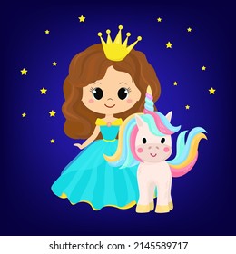 Vector illustration of Cute Cartoon fairy tale Princess and Unicorn starry sky