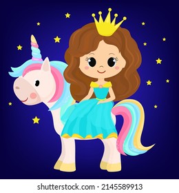 Vector illustration of Cute Cartoon fairy tale Princess and Unicorn starry sky