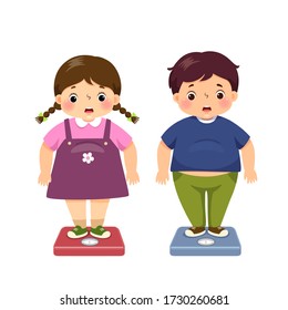 Vector illustration cute cartoon fat boy and girl checking their weight on the scales.