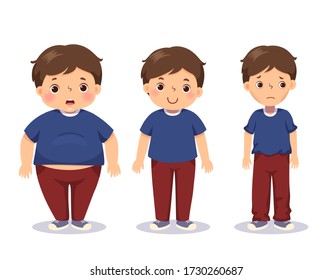 Vector illustration cute cartoon fat boy, average boy, and skinny boy. Boy with different weight.