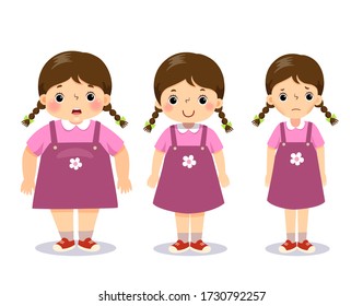Vector illustration cute cartoon fat girl, average girl, and skinny girl. Girl with different weight.