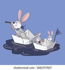 Vector illustration. Cute cartoon father hare with little hares. Hare on paper boats. Father's day card.