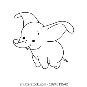 Vector illustration cute cartoon flying baby elephant. Contour black outline drawing of small elephant for tattoo, print, pattern, children coloring page.