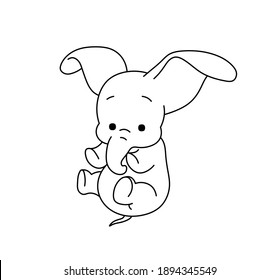 Vector illustration cute cartoon flying baby elephant. Contour colorless black outline drawing of small elephant for tattoo, print, pattern, children coloring page.