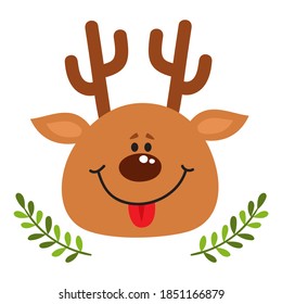 Vector illustration of cute cartoon foolish deer head isolated on white. Christmas verry happy reindeer with Christmas branch