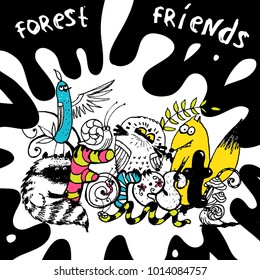 vector illustration with cute cartoon forest animals