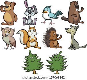 Vector illustration of cute cartoon forest animals and trees. Easy-edit layered vector EPS10 file scalable to any size without quality loss. High resolution raster JPG file is included.