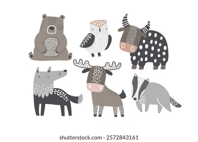 Vector illustration cute cartoon forest animals on white background. Bear, owl, yak, wolf, deer, badger. Woodland. Cute woodland animals characters for kids. Scandinavian style. Kids room decor. Baby.