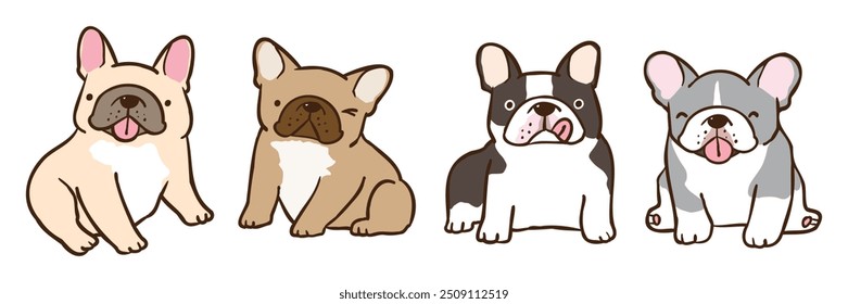 Vector Illustration of Cute Cartoon French Bulldog Characters on Isolated Background