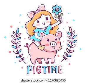 Vector illustration of cute cartoon friend girl with flower and pig with pink cheeks and text. Hand drawn flat style design for web, site, greeting card, poster with symbol of the new year 2019