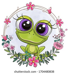 Vector illustration Cute cartoon Frog with a flower wreath