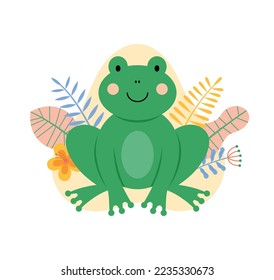 Vector illustration of cute cartoon frog with tropical leaves and flowers. Can be used for baby shower, nursery and kids wall art, t-shirt print.