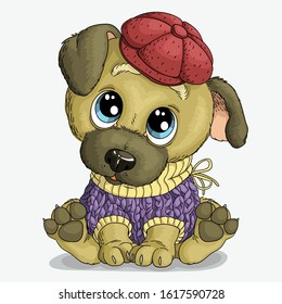Vector illustration. Cute cartoon. Funny puppy in a sweater.