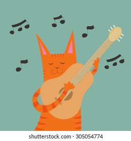 Vector illustration with cute cartoon funny cat with guitar