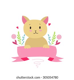 Vector illustration with cute cartoon funny cat with ribbon