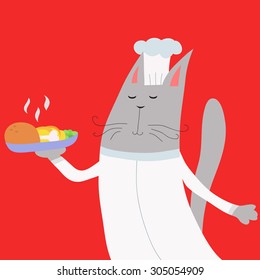 Vector illustration with cute cartoon funny cat who works chief cook