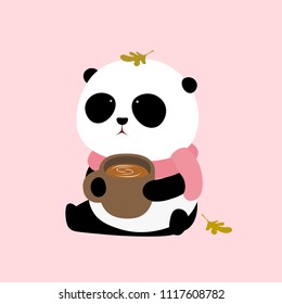 Vector Illustration: A cute cartoon giant panda with a pink scarf is sitting on the ground with a cup of  coffee in the hands.