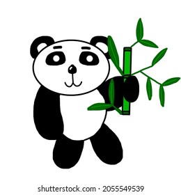 Vector Illustration: A cute cartoon giant panda is sticking tongue out, with a branch of bamboo leaves in hand