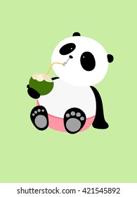 Vector Illustration: A cute cartoon giant panda is drinking coconut milk in summer vacation, sitting on the ground, wearing red shorts