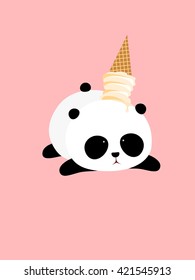 Vector Illustration: A cute cartoon giant panda falls down on the ground, a melted ice cream falls on his head