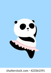 Vector Illustration: A cute cartoon giant panda is trying to keep balance on one foot in a ballet dance, wearing a pink ballet skirt / tutu