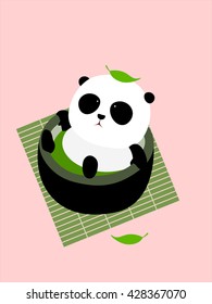 Vector Illustration: A cute cartoon giant panda lying in a cup of Chinese green tea on a mat, enjoying taking a bath in thermal spring / hot spring, a leaf of tea fall down on panda's head.