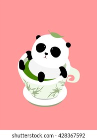 Vector Illustration: A cute cartoon giant panda lying in a cup of Chinese green tea on a mat, enjoying taking a bath in thermal spring / hot spring, a leaf of tea fall down on panda's head.