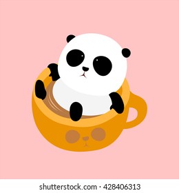 Vector Illustration: A cute cartoon giant panda lying in a cup of coffee, enjoying taking a bath in thermal spring / hot spring.