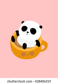 Vector Illustration: A cute cartoon giant panda lying in a cup of coffee, enjoying taking a bath in thermal spring / hot spring.