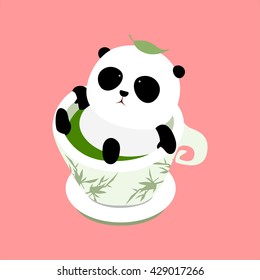 Vector Illustration: A cute cartoon giant panda lying in a cup of Chinese green tea on a mat, enjoying taking a bath in thermal spring / hot spring, a leaf of tea fall down on panda's head.