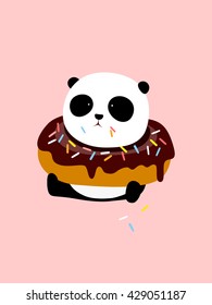 Vektorgrafik: Ein süßer Cartoon-Riese Panda sitzt auf dem Boden, mit einem großen Doughnut / Donut auf seinem Hals.