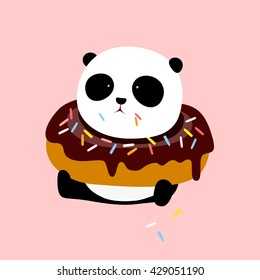 Vector Illustration: A cute cartoon giant panda is sitting on the ground, with a big doughnut / donut on his neck.