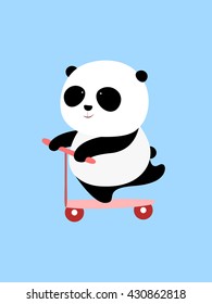 Vector Illustration: A cute cartoon giant panda is on a scooter, smiling.