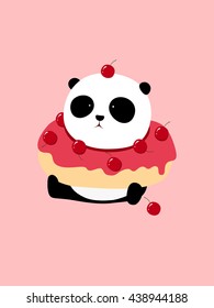 Vector Illustration: A cute cartoon giant panda is sitting on the ground, with a big cherry doughnut / donut on his neck.