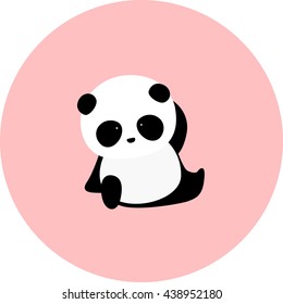 Vector Illustration: A cute cartoon giant panda sits on the ground, pondering a problem, thinking about a question, in a pink circle
