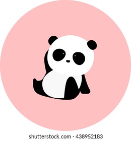 Vector Illustration: A cute cartoon giant panda sits on the ground, pondering a problem, thinking about a question, in a pink circle