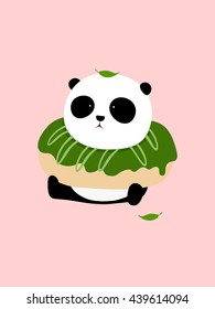 Vector Illustration: A cute cartoon giant panda is sitting on the ground, with a big matcha green tea doughnut / donut on his neck.