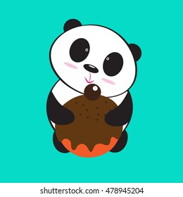 Vector Illustration: A cute cartoon giant panda is sitting on the ground, with a big doughnut