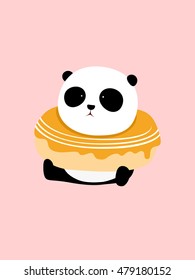Vector Illustration: A cute cartoon giant panda is sitting on the ground, with a big orange / mango doughnut / donut on his neck.