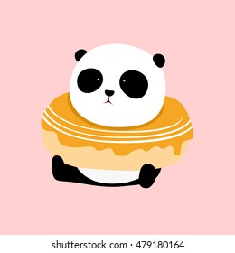Vector Illustration: A cute cartoon giant panda is sitting on the ground, with a big orange / mango doughnut / donut on his neck.