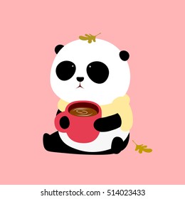 Vector Illustration: A cute cartoon giant panda with a scarf is sitting on the ground with a cup of  coffee in the hands.